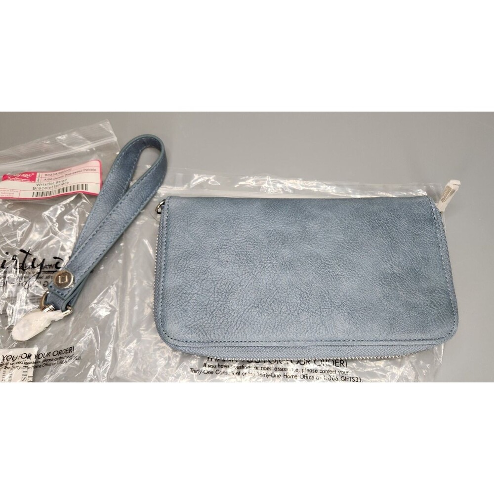 Thirty-One All About The Benjamins Denim Distressed Pebble w/ Wristlet Strap New